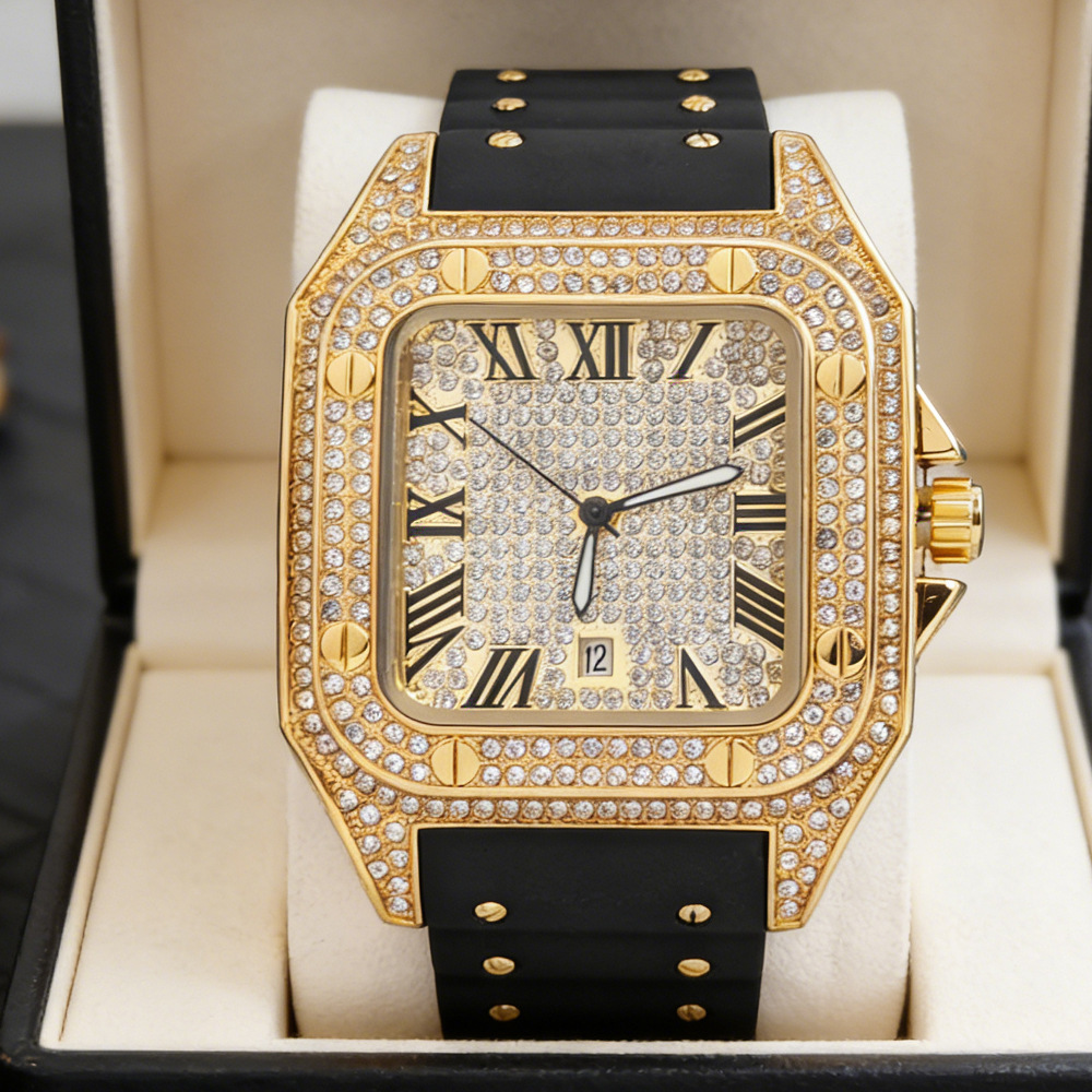 Luxury Watch With Rubber Strap - Reloj de Cuarzo Cuadrado con Diamantes
